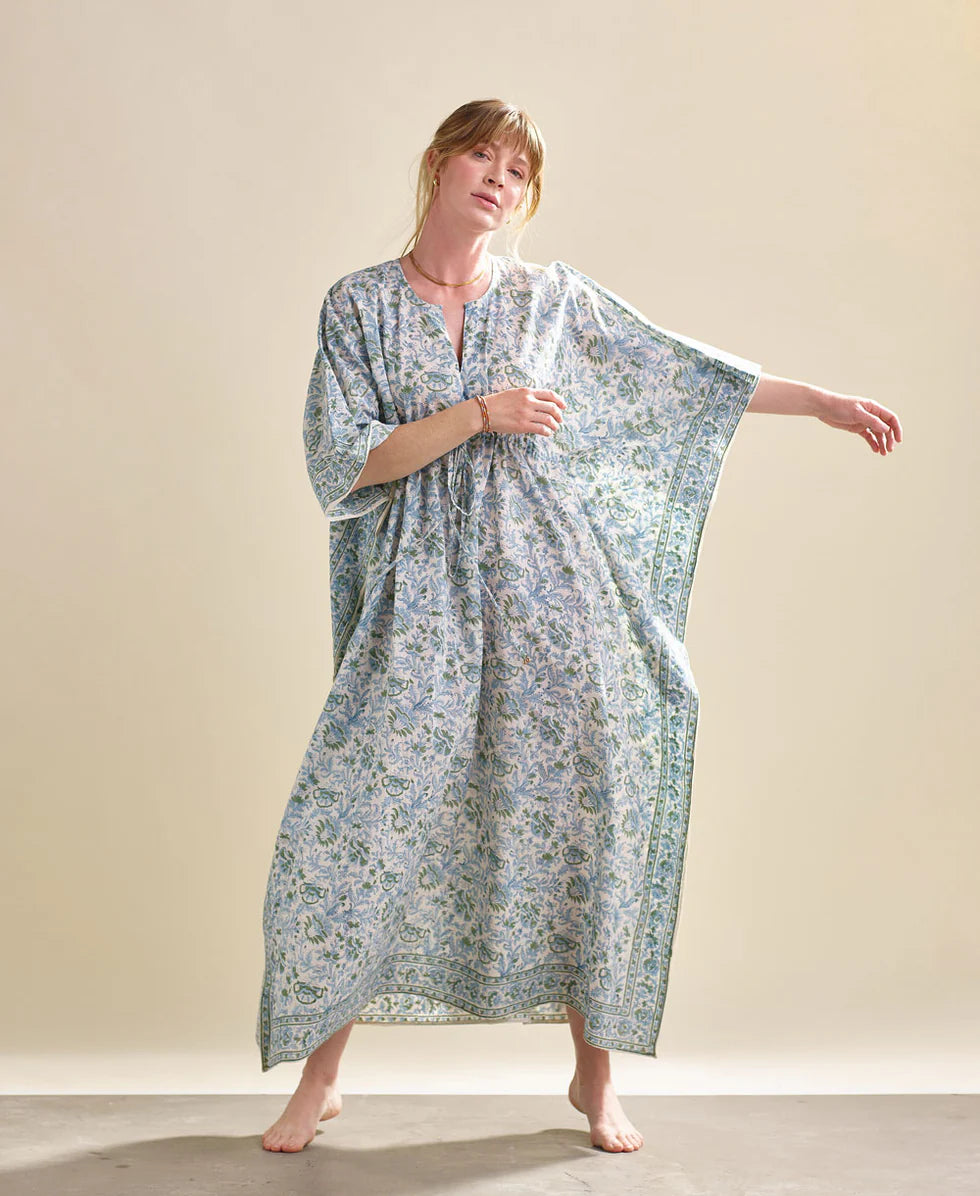 Block Print Floral Kaftan - Blue