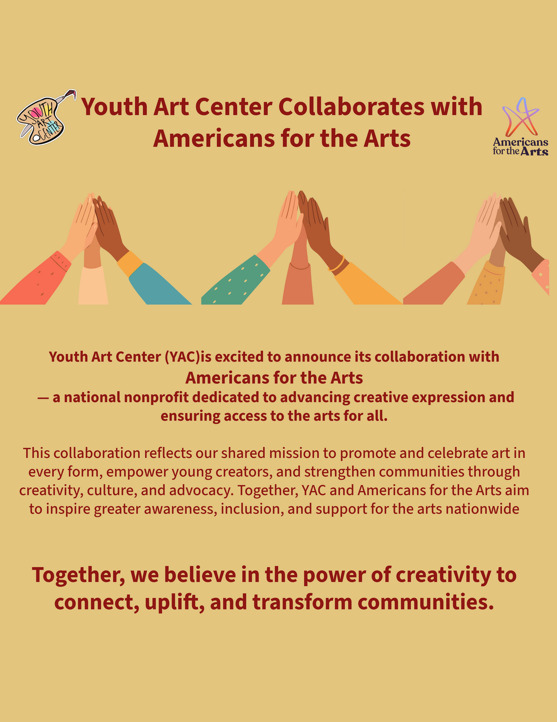 Exciting news! Youth Art Center is collaborating with @AmericansForArts.Org